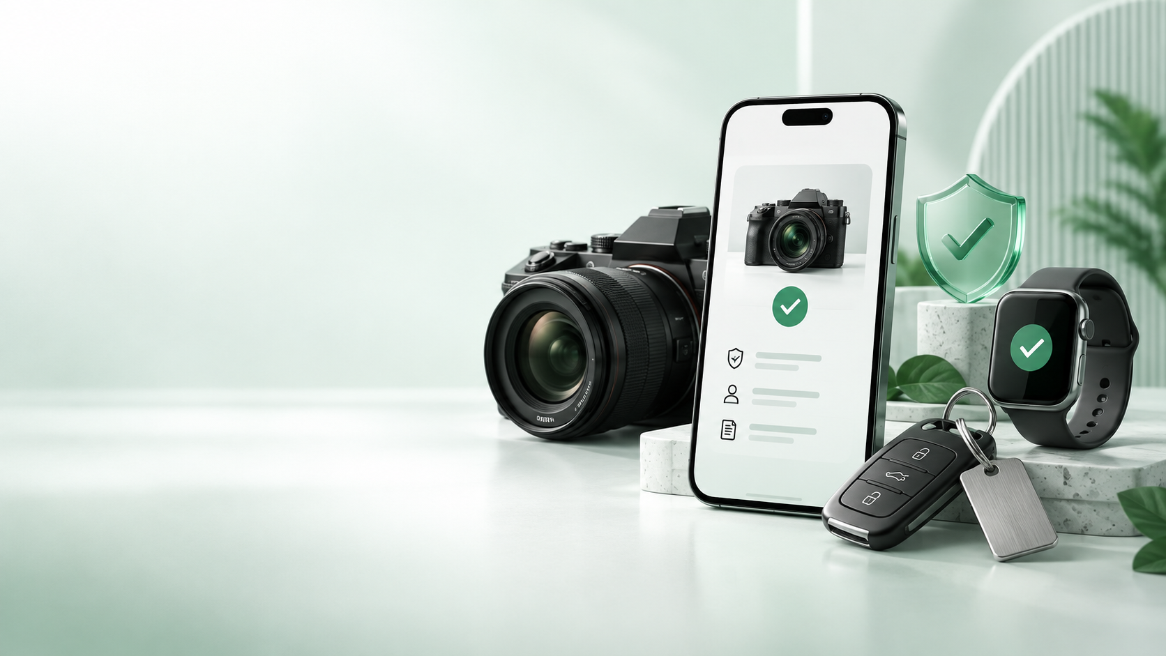 Composicao premium com telemovel, camara, relogio, chaves e simbolos de verificacao de bens
